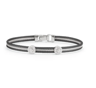 14K WHITE GOLD AND STAINLESS STEEL BLACK AND GREY 2 STATION CABLE BRACELET