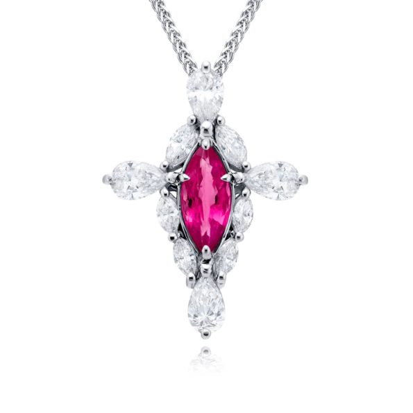PLATINUM DIAMOND AND PINK SAPPHIRE CROSS NECKLACE