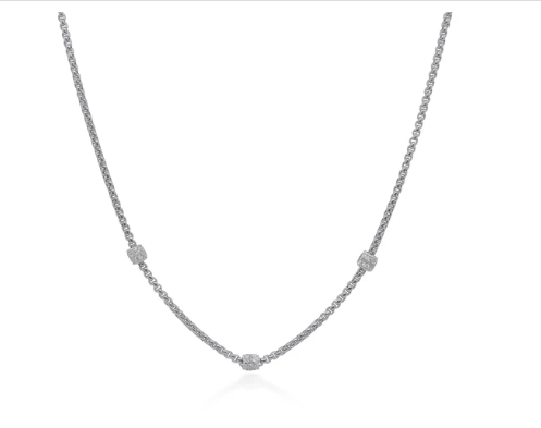14K WHITE GOLD AND STAINLESS STEEL DIAMOND BARREL STATION NECKLACE