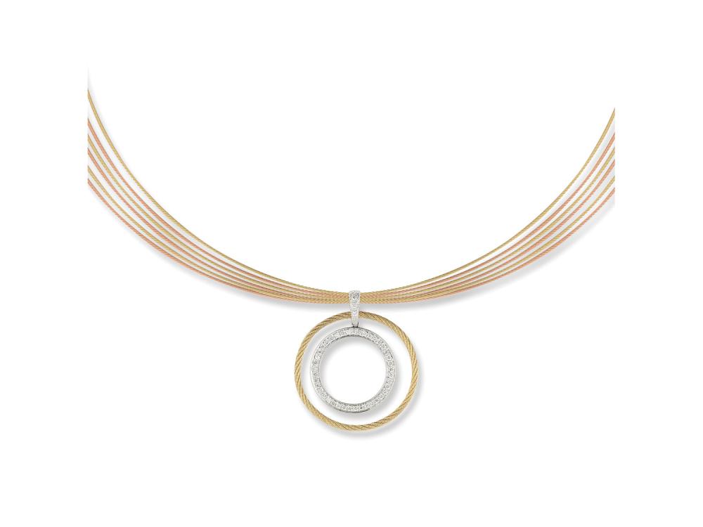 Alor Grey cable, rose cable and yellow cable, 18 karat White Gold, 0.39 total carat weight Diamonds with stainless steel. Imported.