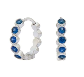 18K WHITE GOLD BLUE SAPPHIRE BEZEL HUGGIE HOOPS