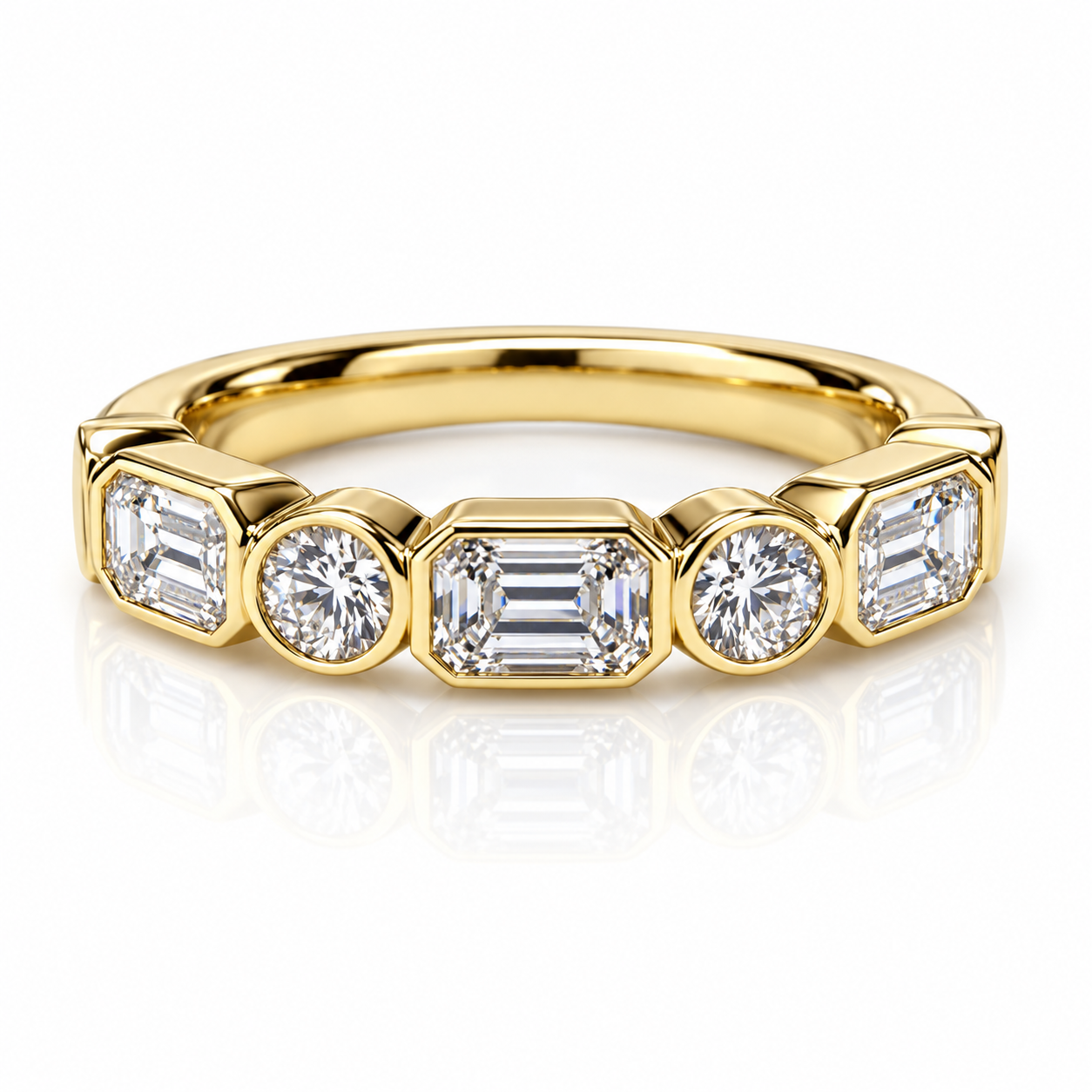 18K YELLOW GOLD EMERALD CUT AND ROUND DIAMOND BEZEL BAND