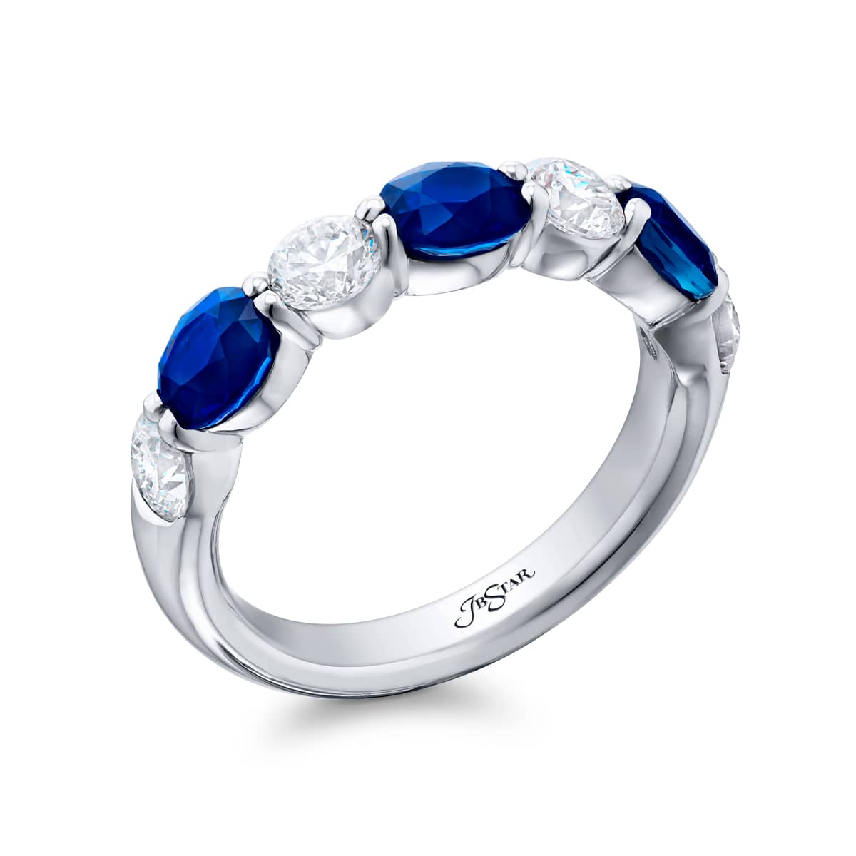 PLATINUM OVAL BLUE SAPPHIRE AND ROUND DIAMOND BAND