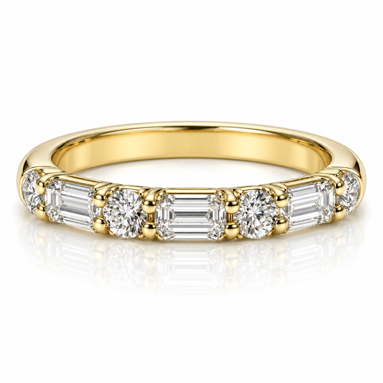 18K YELLOW GOLD EMERALD CUT AND ROUND DIAMOND BAND