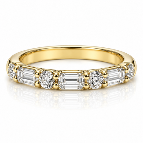 18K YELLOW GOLD EMERALD CUT AND ROUND DIAMOND BAND