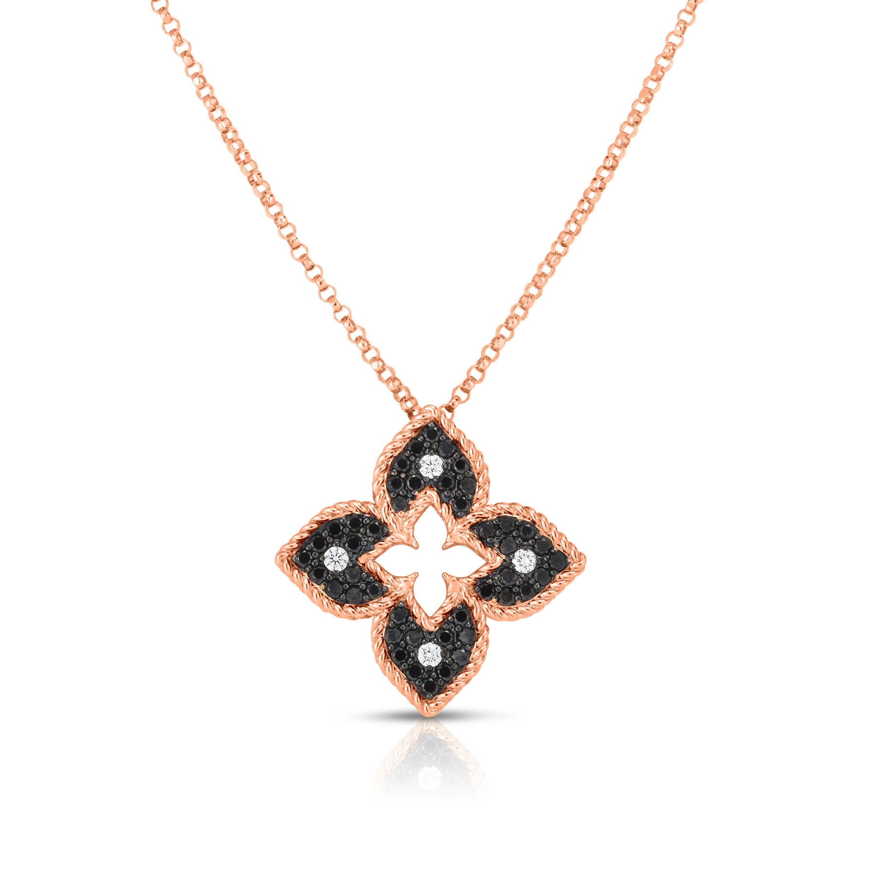 18K ROSE GOLD PETITE VENETIAN BLACK & WHITE DIAMOND FLOWER NECKLACE