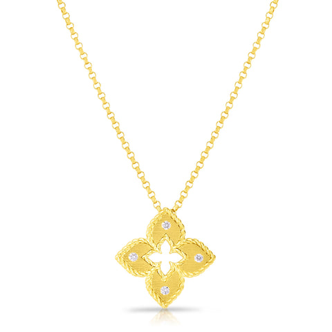 18K YELLOW GOLD VENETIAN PRINCESS EXTRA SMALL DIAMOND & SATIN FINISH FLOWER NECKLACE
