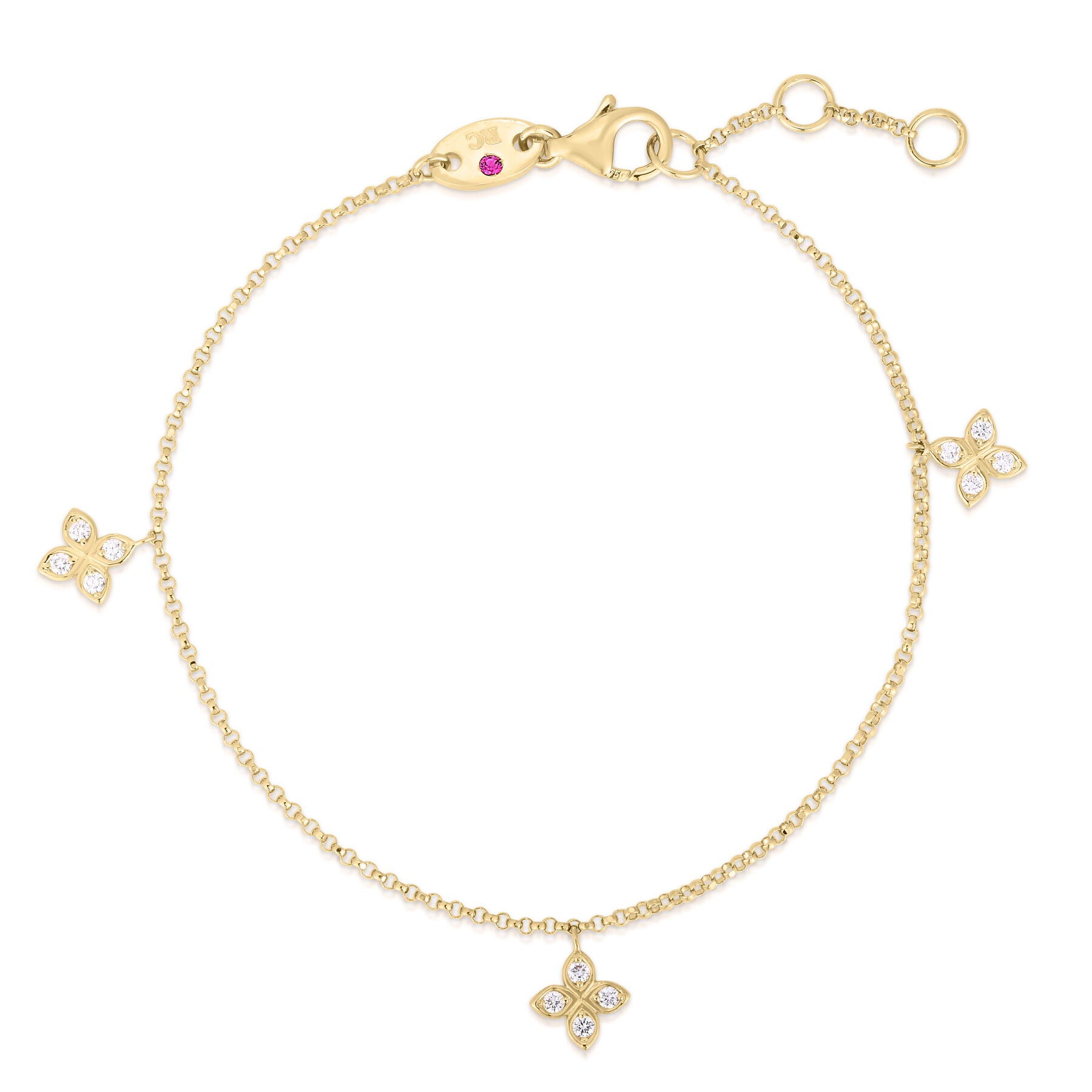 18K YELLOW GOLD LOVE BY THE INCH DANGLING THREE STATION FLOWER BRACELET