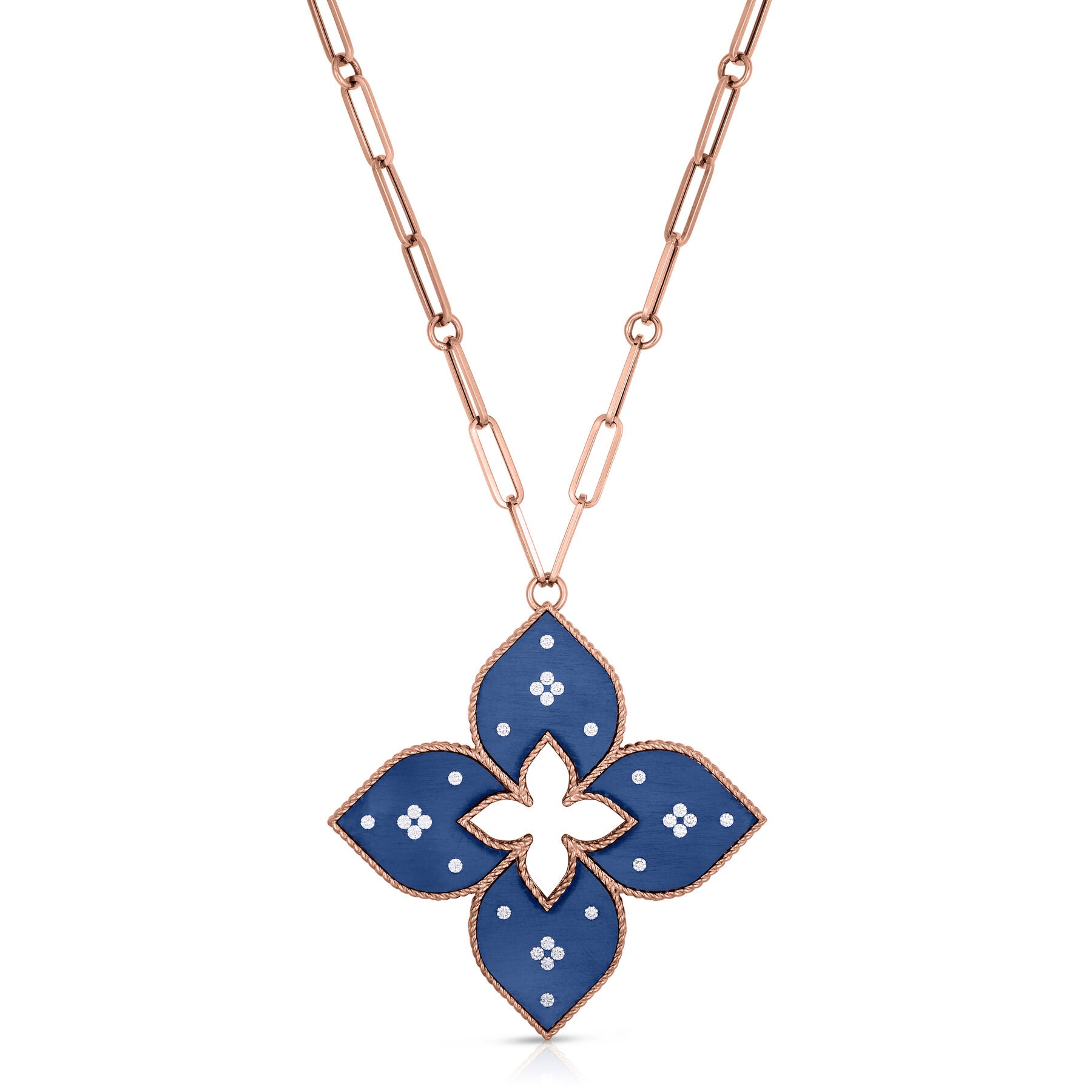 18K ROSE GOLD VENETIAN PRINCESS LARGE DIAMOND & BLUE TITANIUM FLOWER LONG NECKLACE