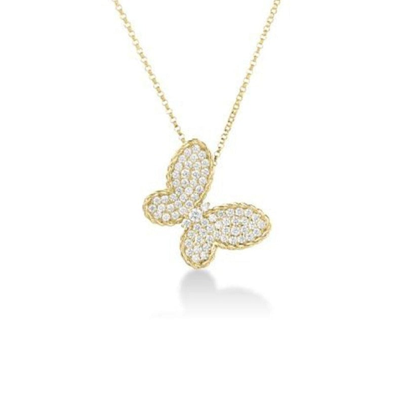 ROBERTO COIN 18K YELLOW GOLD JASMINE PAVE BUTTERFLY NECKLACE