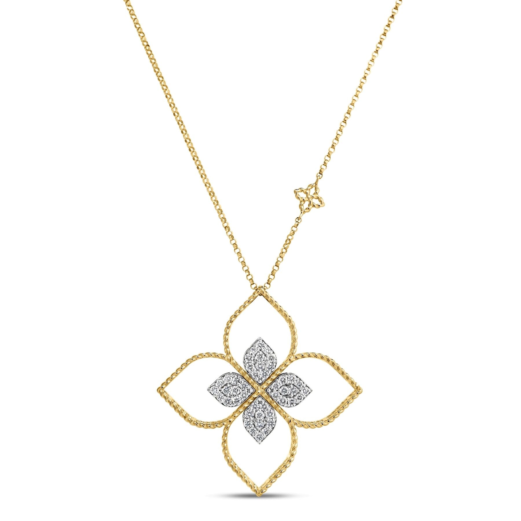 18K YELLOW/WHITE GOLD PRINCESS FLOWER LARGE OPEN FRAME PAVE DIAMOND NECKLACE
