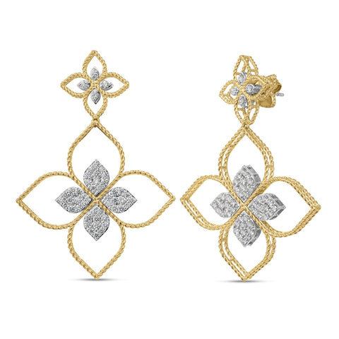 18K YELLOW/WHITE GOLD PRINCESS FLOWER LARGE OPEN FRAME PAVE DIAMOND DROP EARRINGS