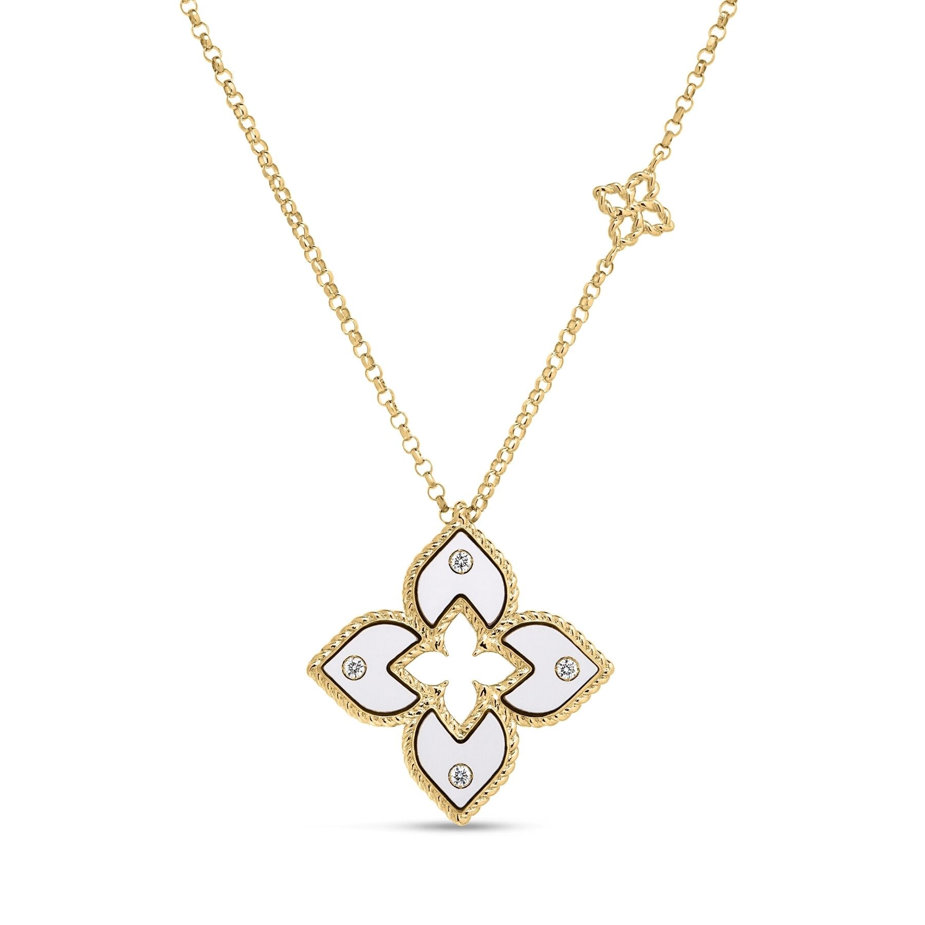 18K YELLOW GOLD VENETIAN PRINCESS DIAMOND AND WHITE CERAMIC ENAMEL FLOWER NECKLACE