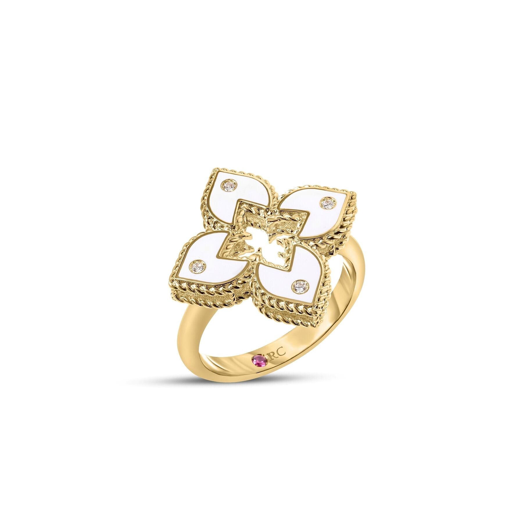 18K YELLOW GOLD VENETIAN PRINCESS DIAMOND AND WHITE CERAMIC ENAMEL FLOWER RING