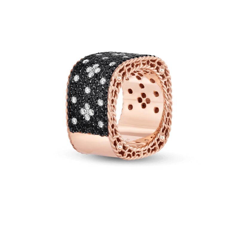 ROBERTO COIN 18KT GOLD WIDE RING WITH BLACK AND WHITE FLEUR DE LIS DIAMONDS FROM THE VENETIAN PRINCESS