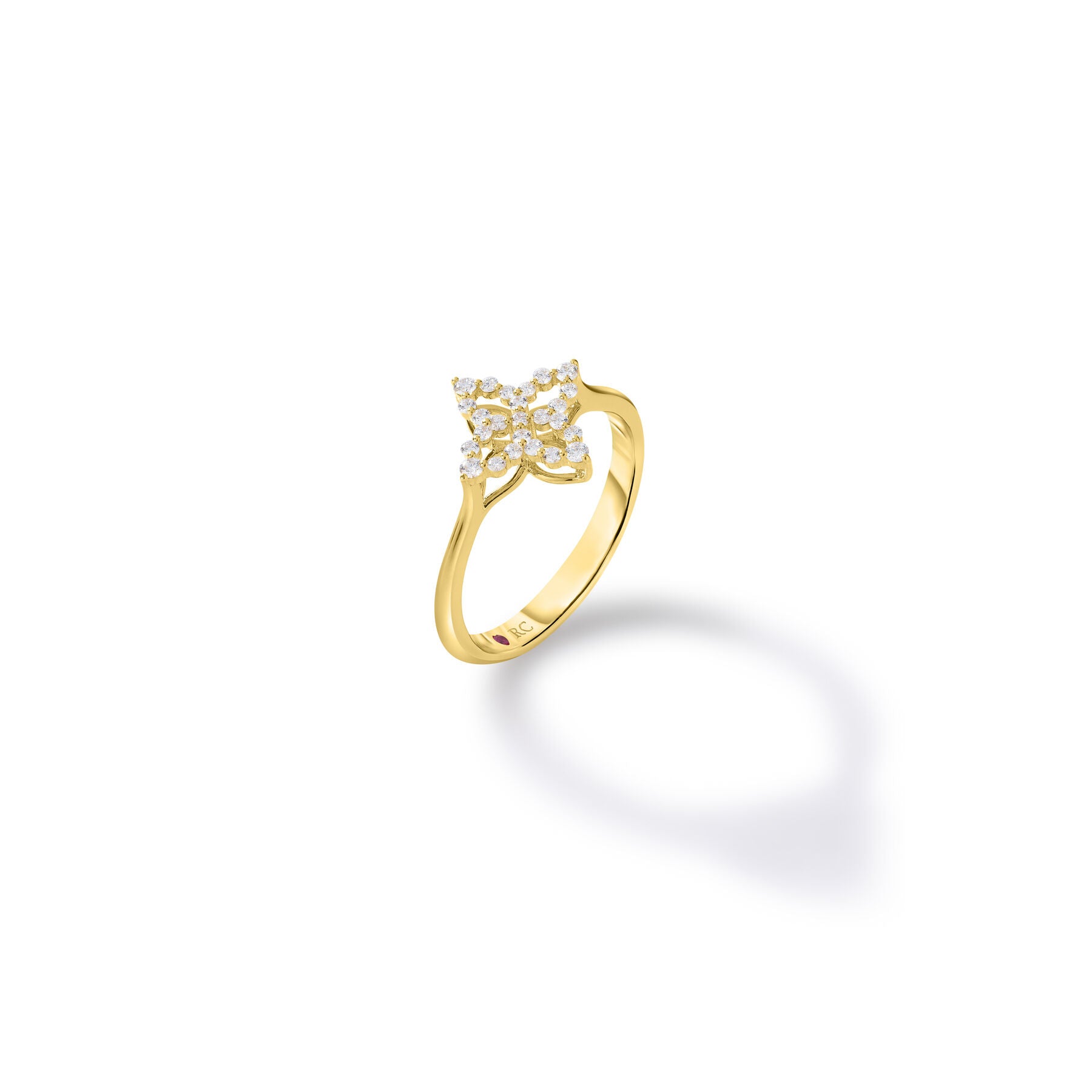 18K YELLOW GOLD DIAMOND PRINCESS OUTLINE SMALL FLOWER RING