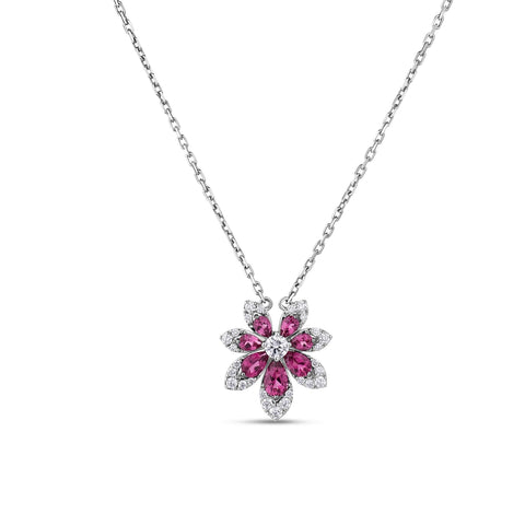 18K WHITE GOLD TIARE DIAMOND AND RUBELLITE FLOWER NECKLACE