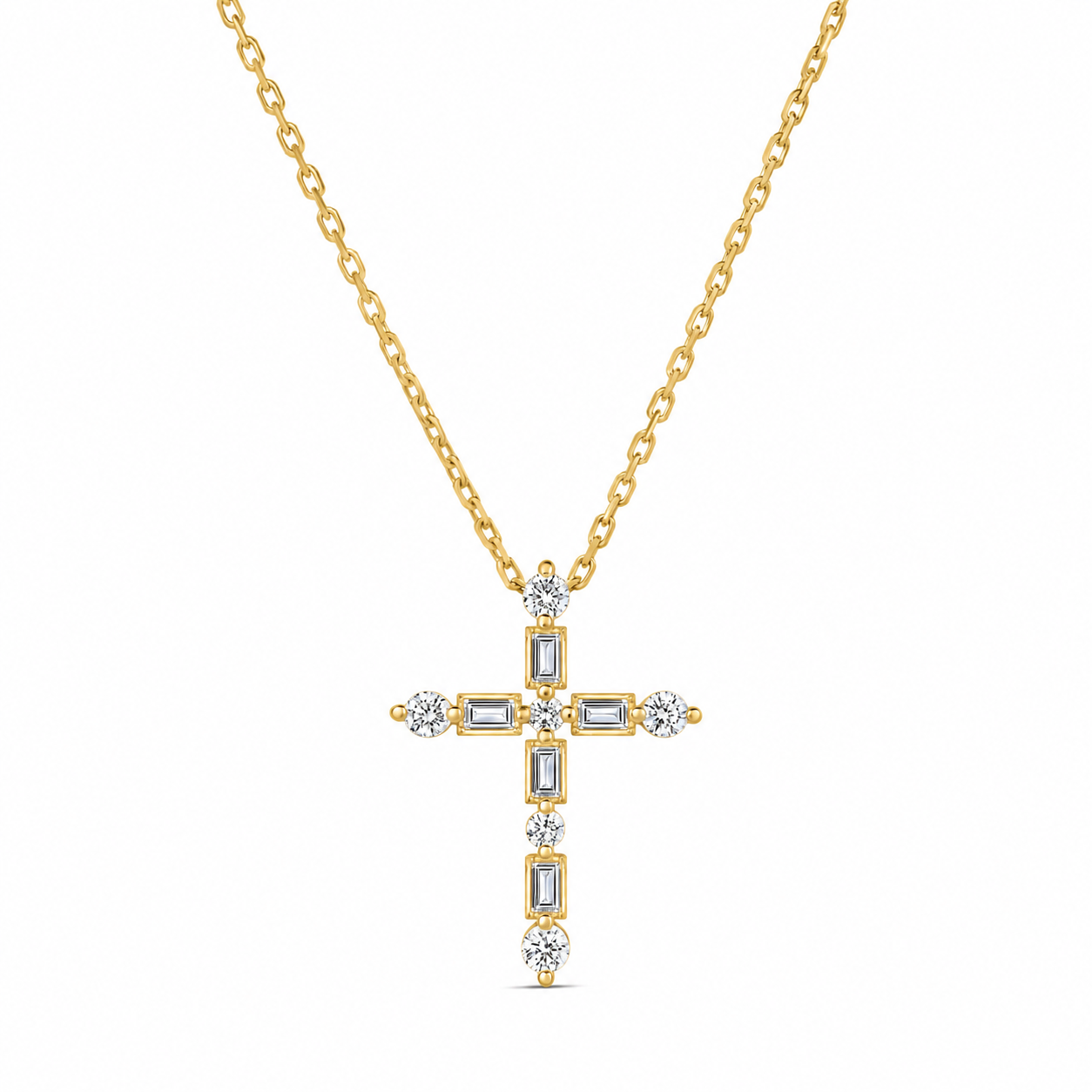 18K YELLOW GOLD DIAMOND CLASSIC BRILLIANT AND EMERALD CUT CROSS NECKLACE