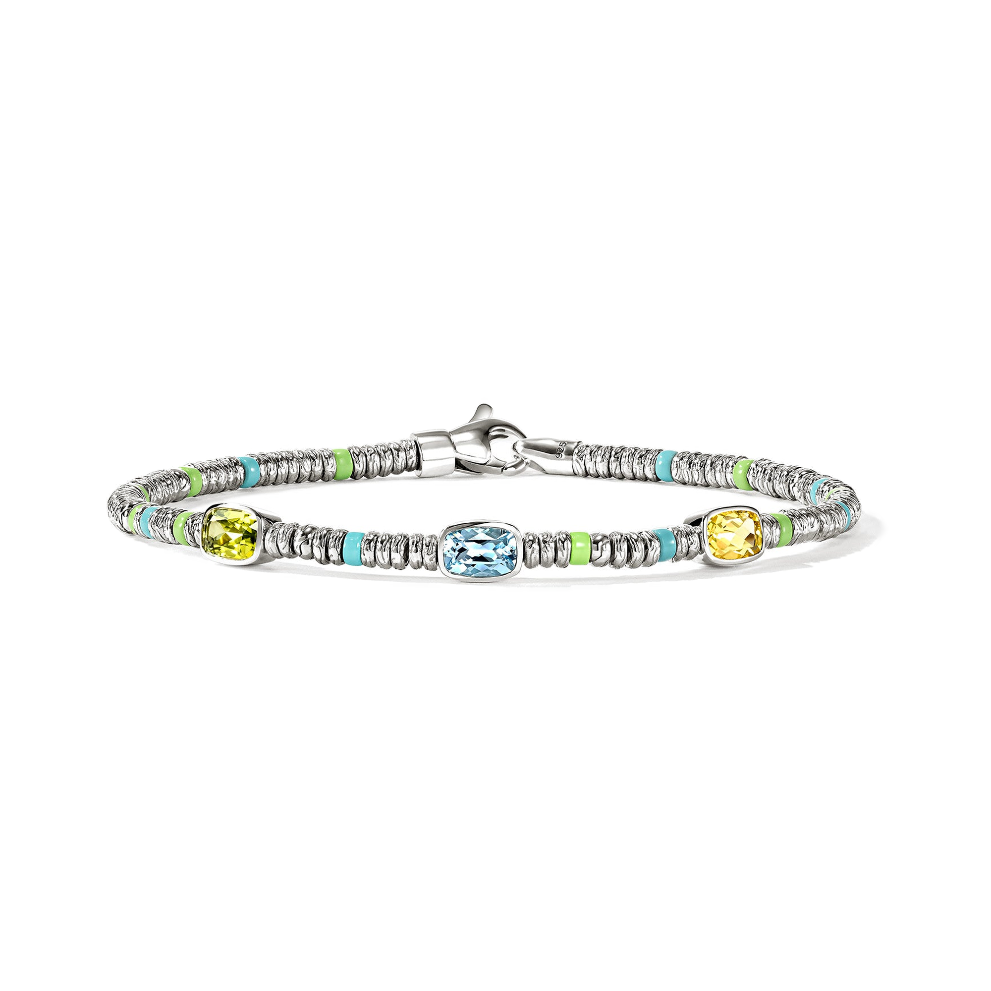 STERLING SILVER MULTI GEMSTONE AND ENAMEL HEISHI BRACELET