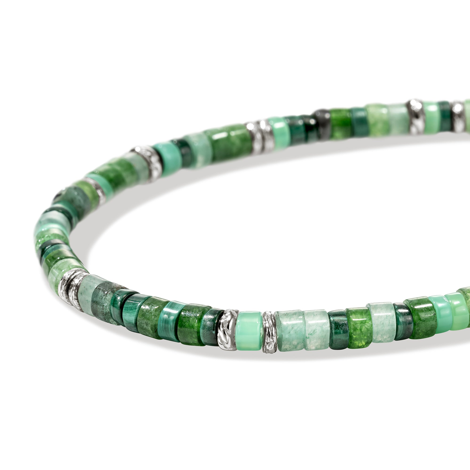 STERLING SILVER AND GREEN MULTI GEM HEISHI BEADED BRACELET