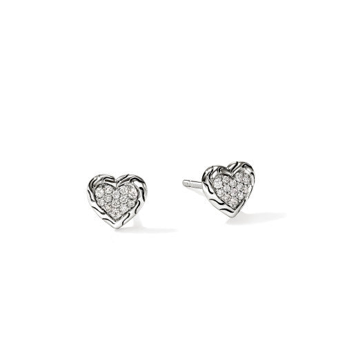STERLING SILVER AND DIAMOND PAVE HEART STUD EARRINGS