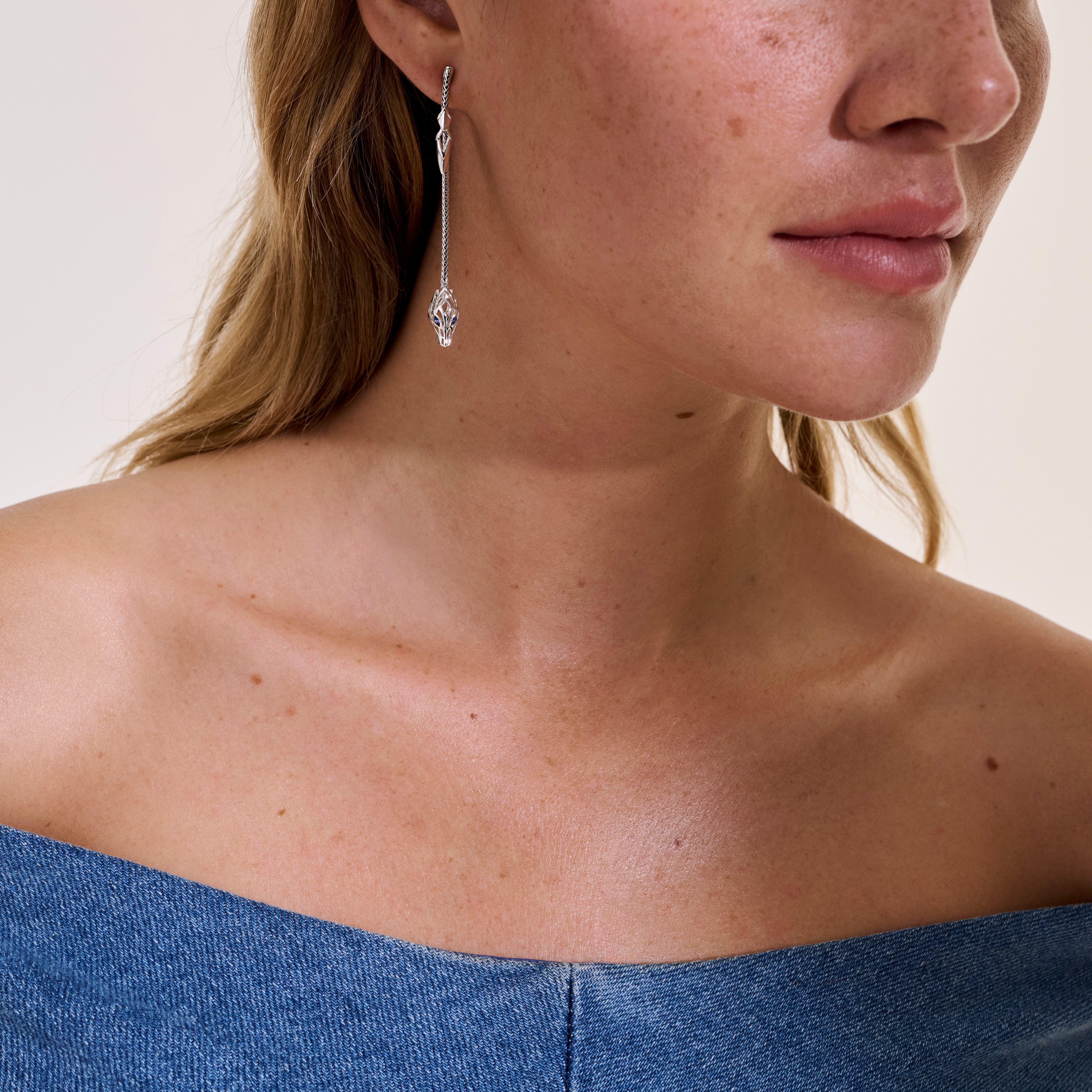 NAGA DROP EARRINGS, BLUE SAPPHIRE, STERLING SILVER