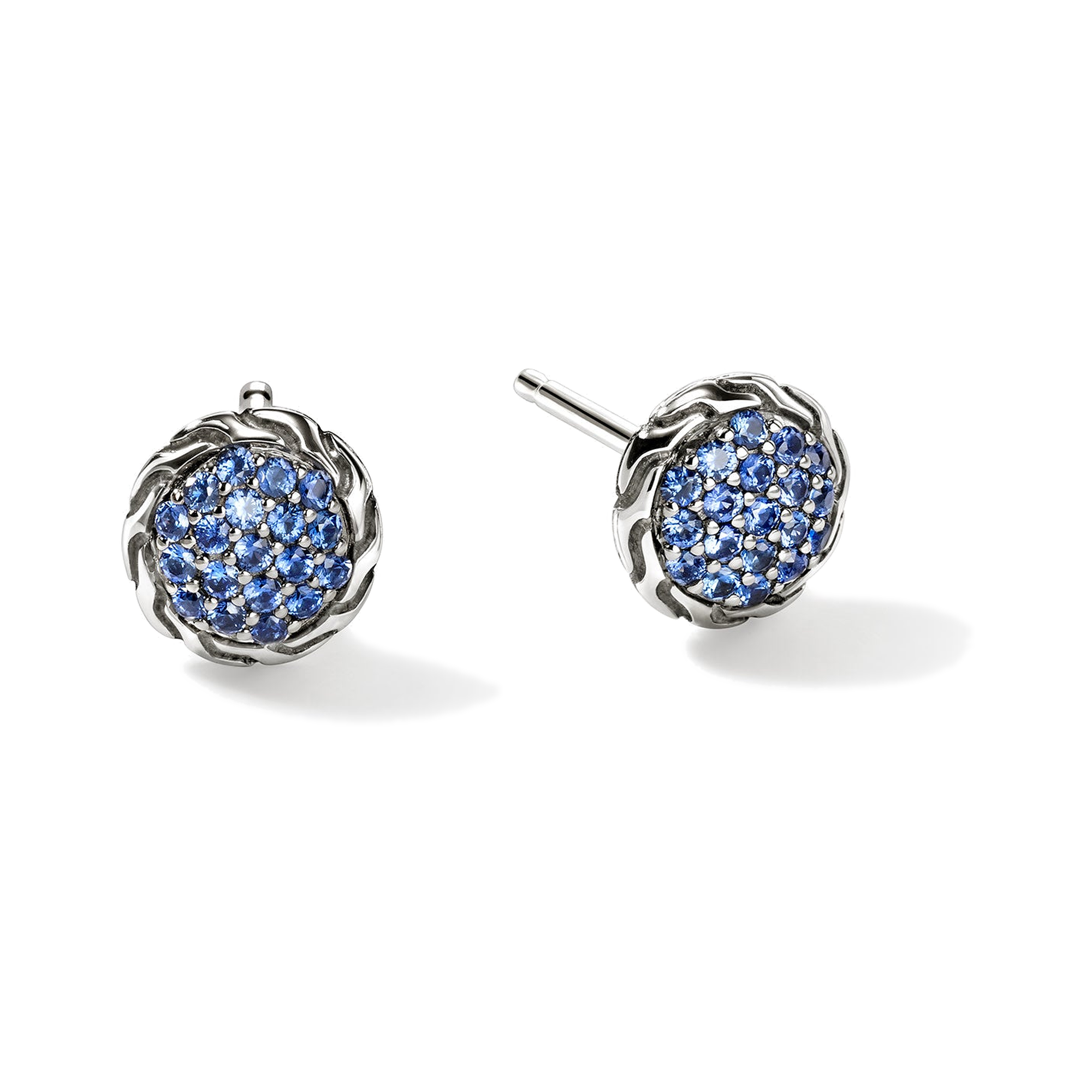 STERLING SILVER 7MM PAVE BLUE SAPPHIRE STUD EARRINGS
