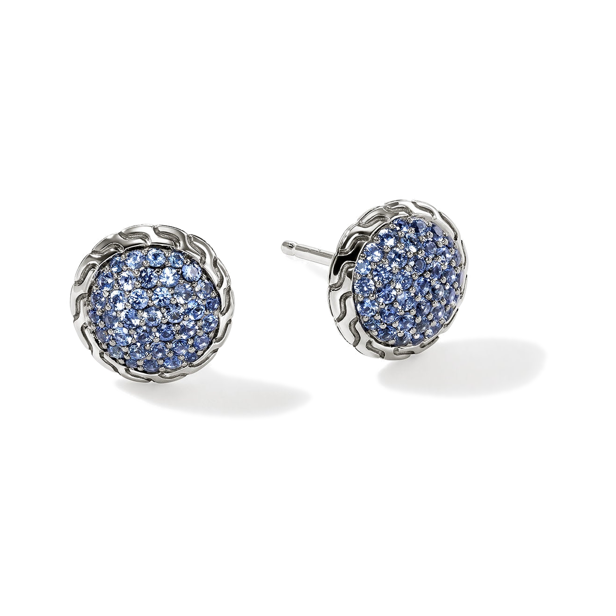 STERLING SILVER 10MM PAVE BLUE SAPPHIRE STUD EARRINGS