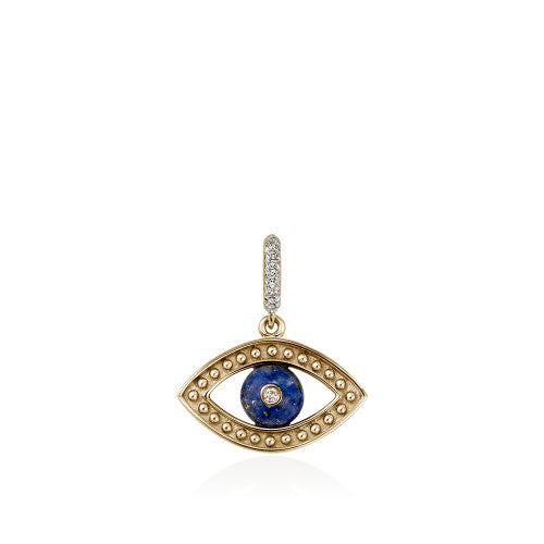 14K YELLOW GOLD 0.06CT DIAMOND AND LAPIS EVIL EYE TALISMAN PENDANT CHARM