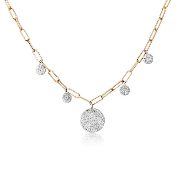 14K ROSE GOLD PAPERCLIP CHAIN WITH DIAMOND PAVE DISCS