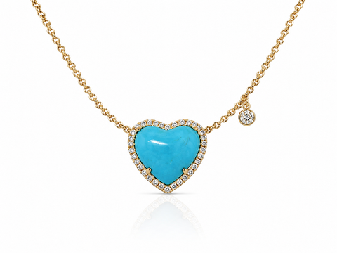 14K YELLOW GOLD TURQUOISE AND DIAMOND HEART NECKLACE