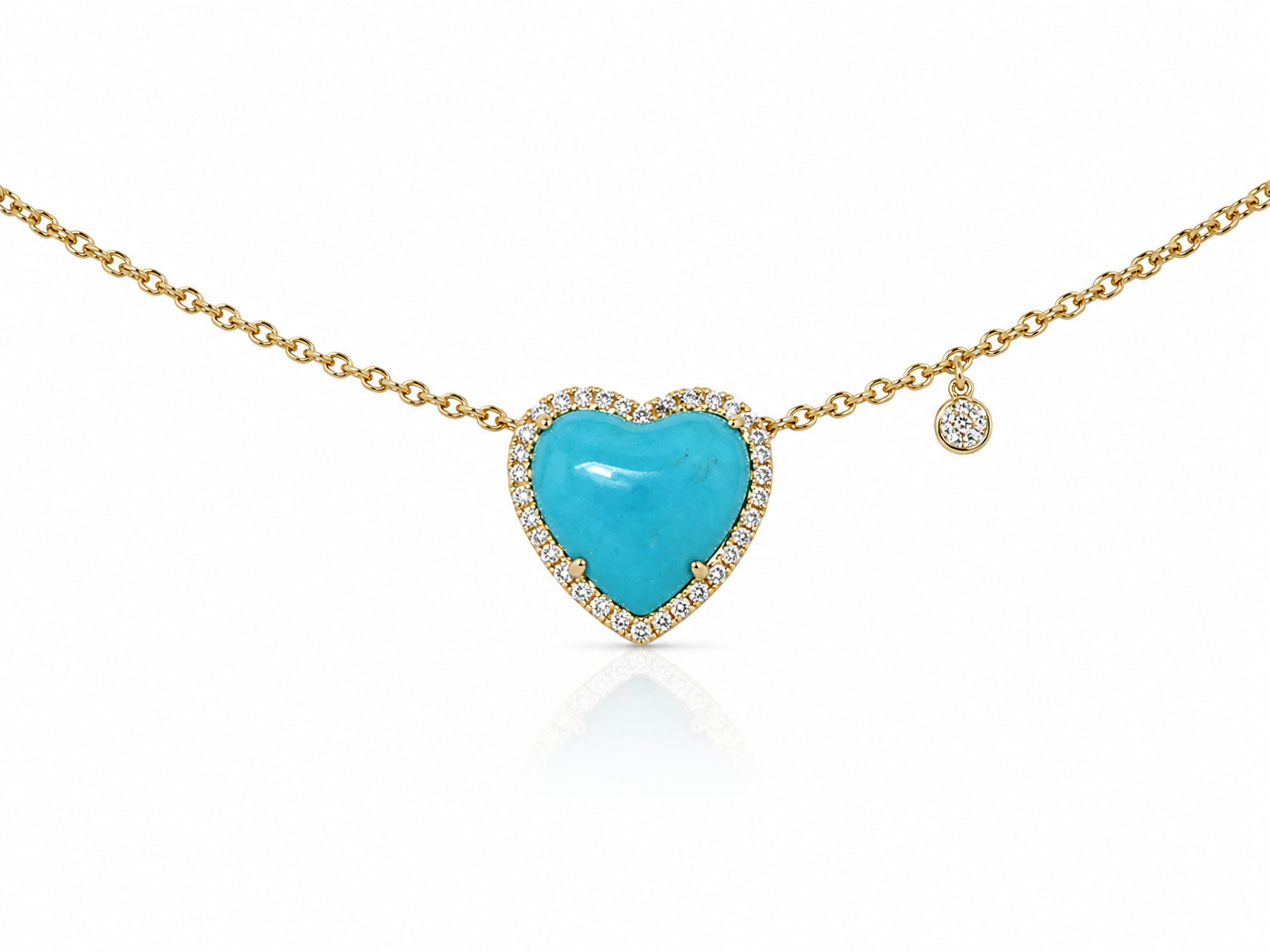 14K YELLOW GOLD TURQUOISE AND DIAMOND HEART NECKLACE
