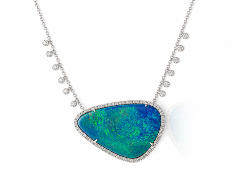 14K WHITE GOLD LARGE OPAL AND DIAMOND NECKLACE