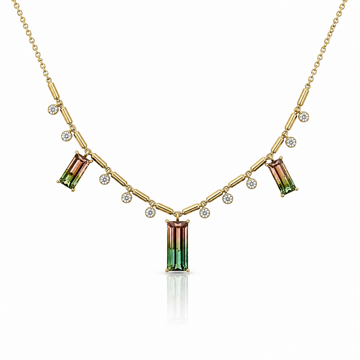 14K YELLOW GOLD WATERMELLON TOURMALINE AND DIAMOND NECKLACE