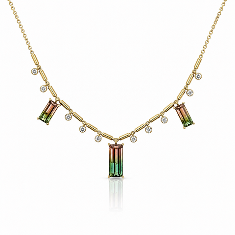14K YELLOW GOLD WATERMELLON TOURMALINE AND DIAMOND NECKLACE
