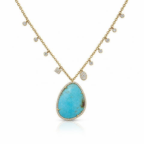 14K YELLOW GOLD TURQUOISE AND DIAMOND NECKLACE
