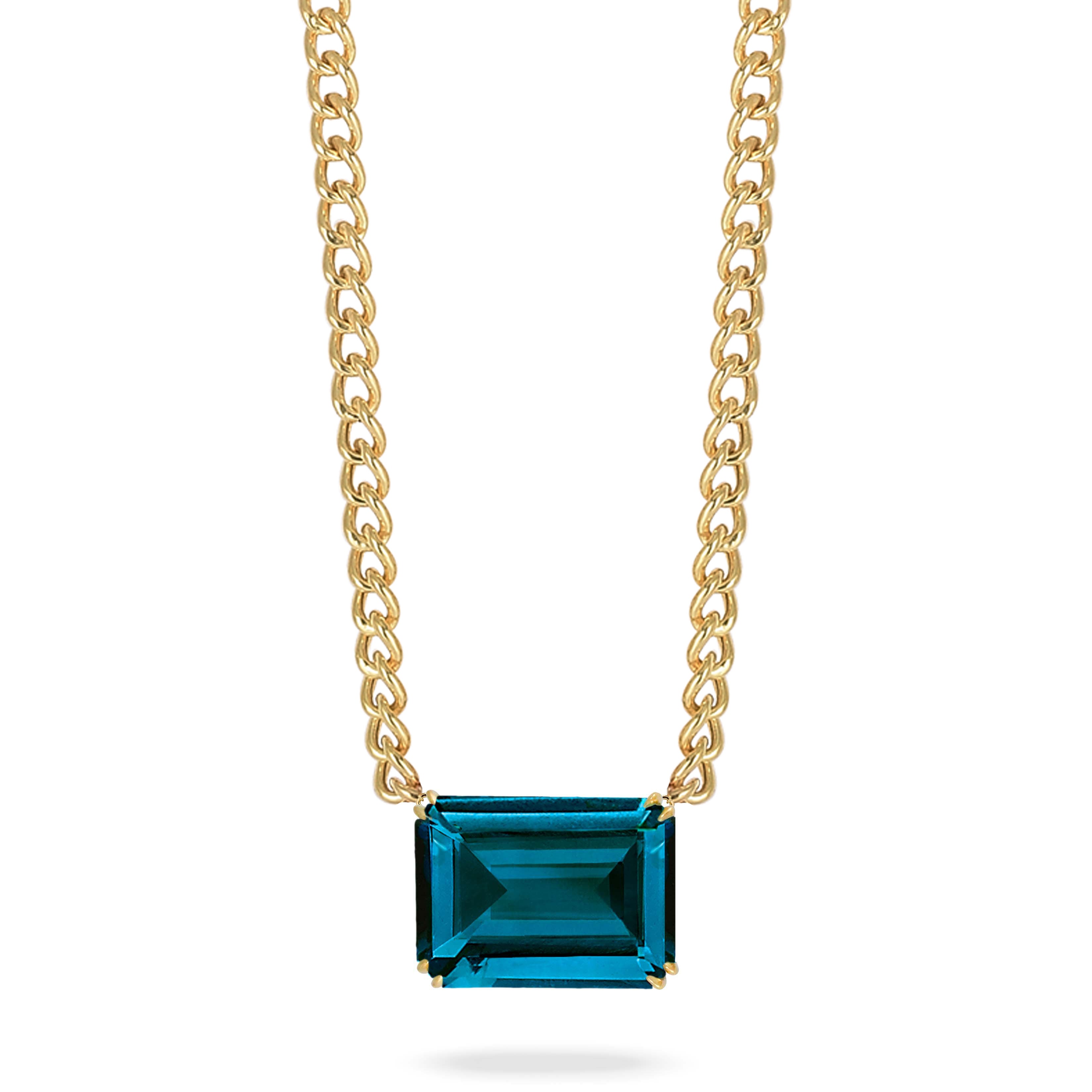 18K YELLOW GOLD NECKLACE WITH LONDON BLUE TOPAZ ON A SMALL CUBAN CHAIN