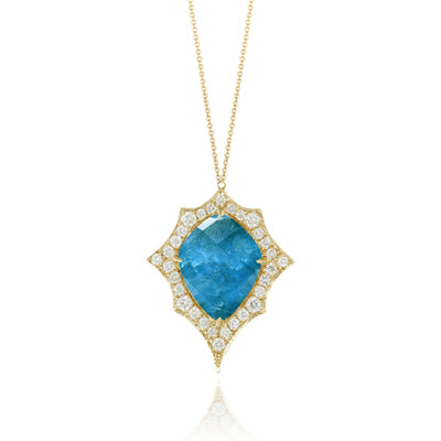 18K YELLOW GOLD DIAMOND NECKLACE WITH BLUE TOPAZ OVER APPATITE ON A MATTE GOLD CHAIN