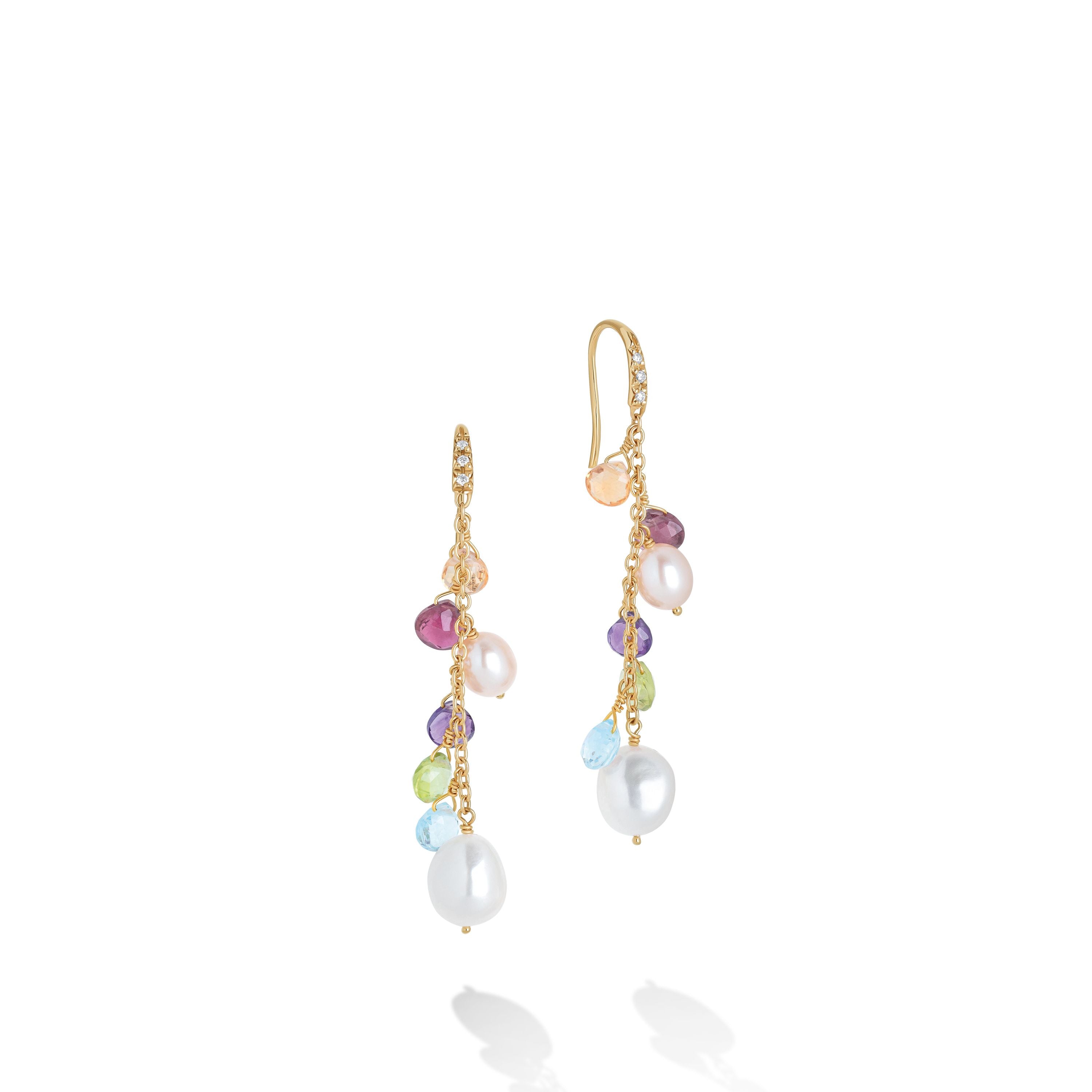 Paradise Collection 18K Yellow Gold Mixed Gemstone and Pearl Medium Drop Earrings