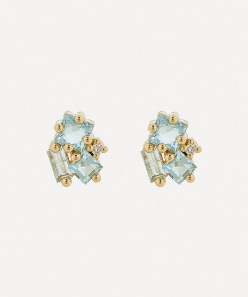 14K YELLOW GOLD BLUE TOPAZ AND DIAMOND CLUSTER STUDS