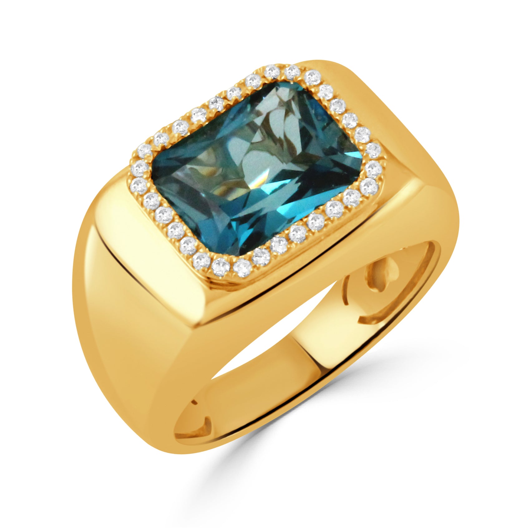 18K YELLOW GOLD DIAMOND RING WITH LONDON BLUE TOPAZ CENTER STONE