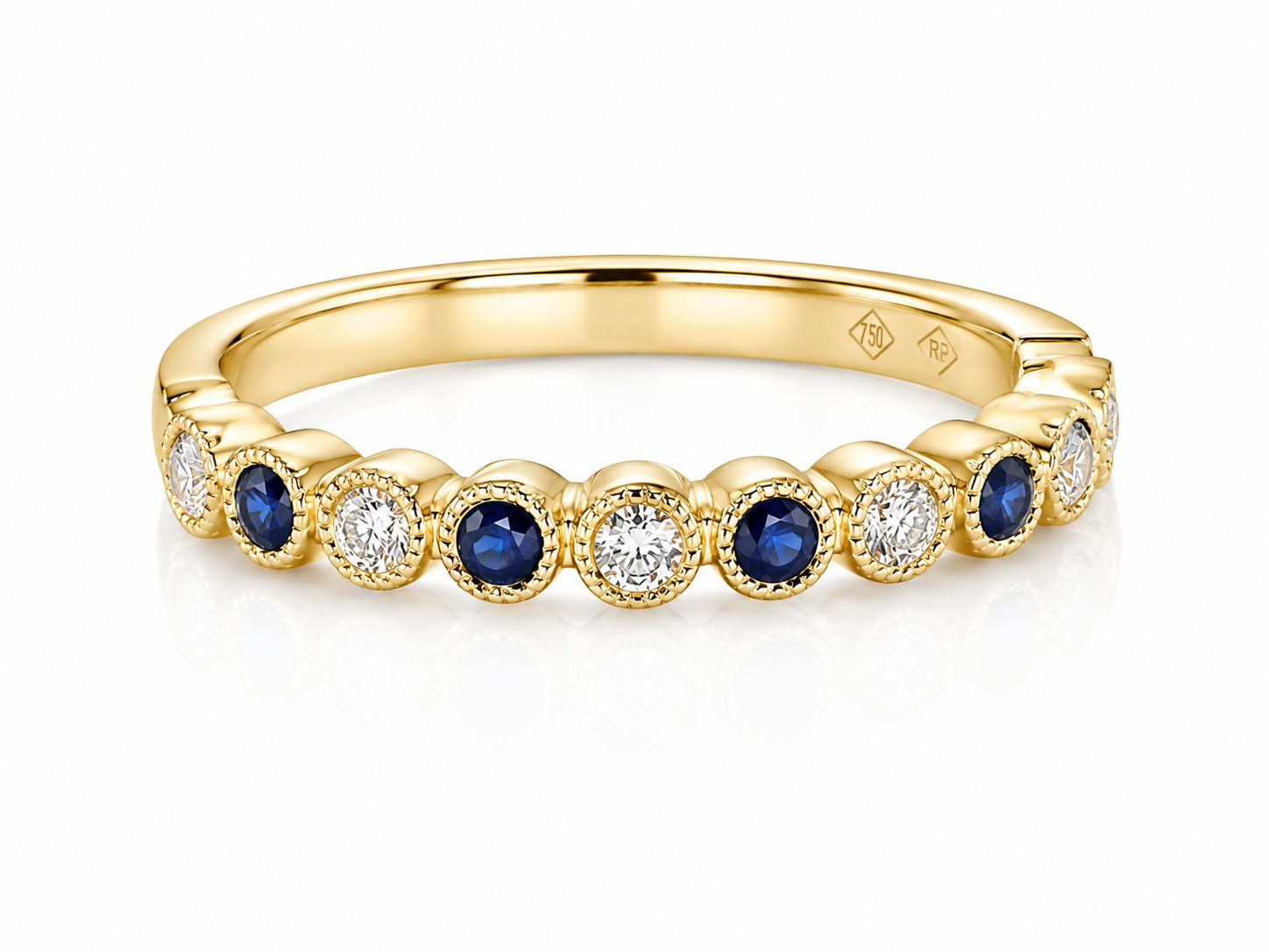 18K GOLD DIAMOND AND BLUE SAPPHIRE BEZEL BAND