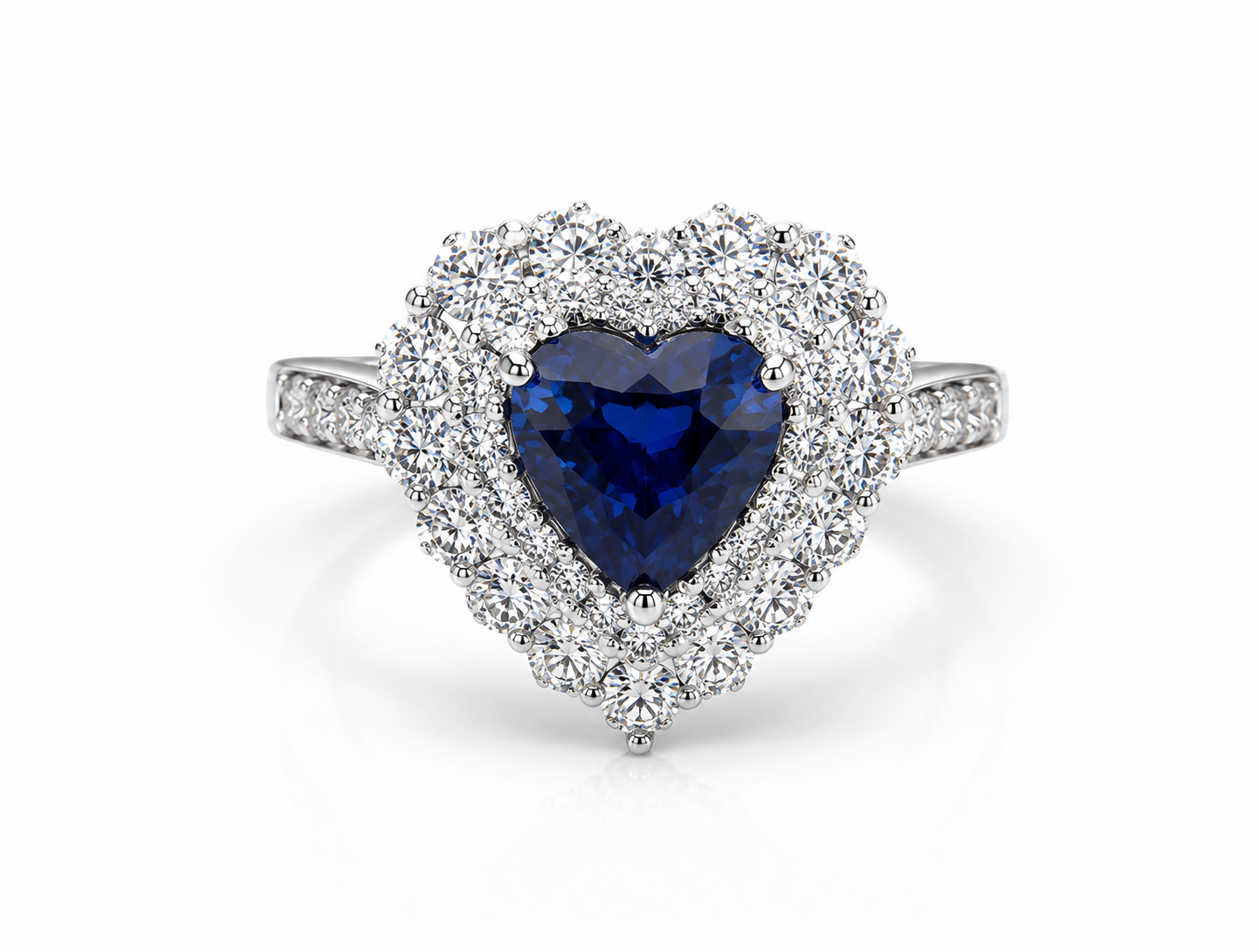 18K WHITE GOLD 2.37CT BLUE SAPPHIRE AND DIAMOND OCEAN HEART RING