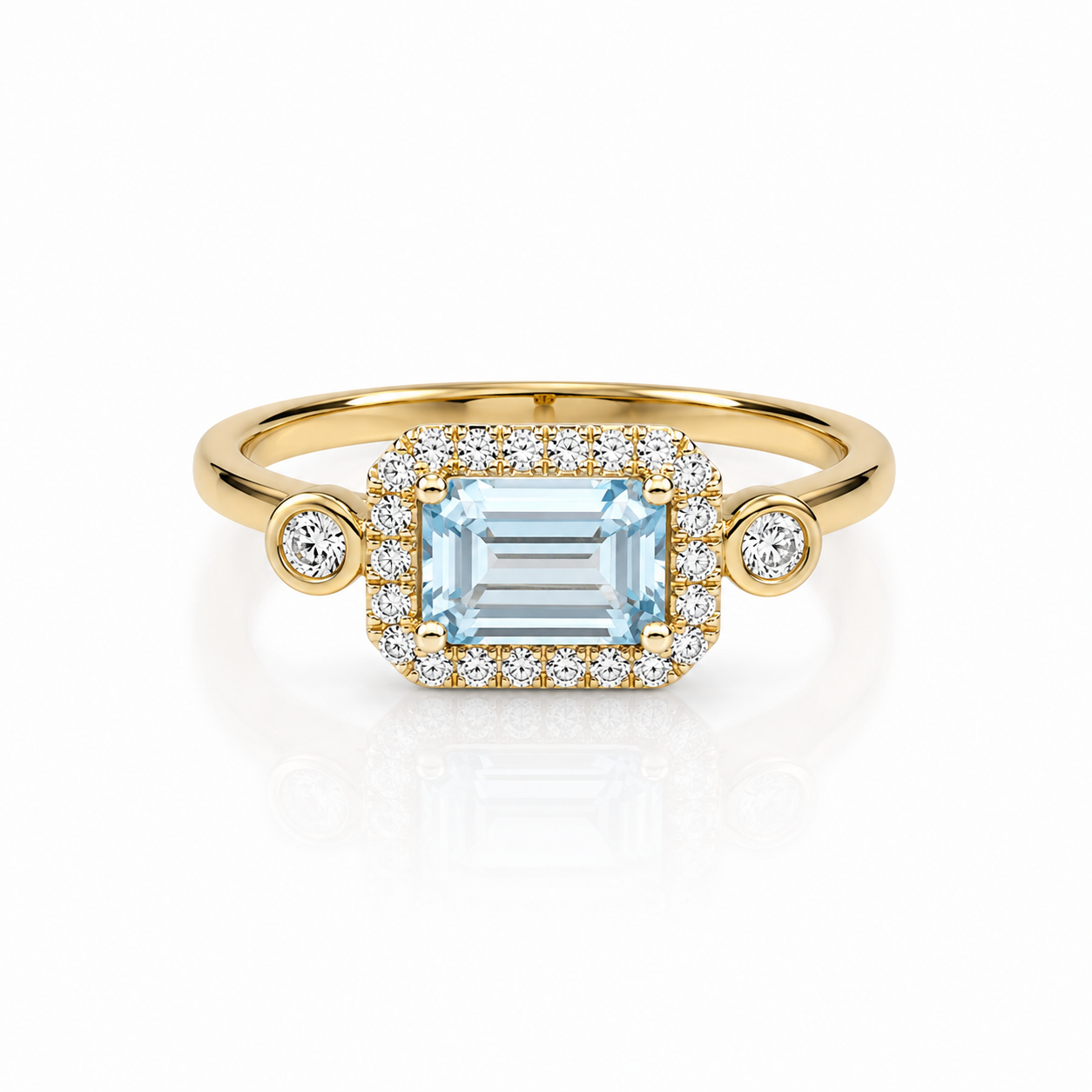 18K YELLOW GOLD EAST TO WEST 0.83CT AQUAMARINE AND DIAMOND RING
