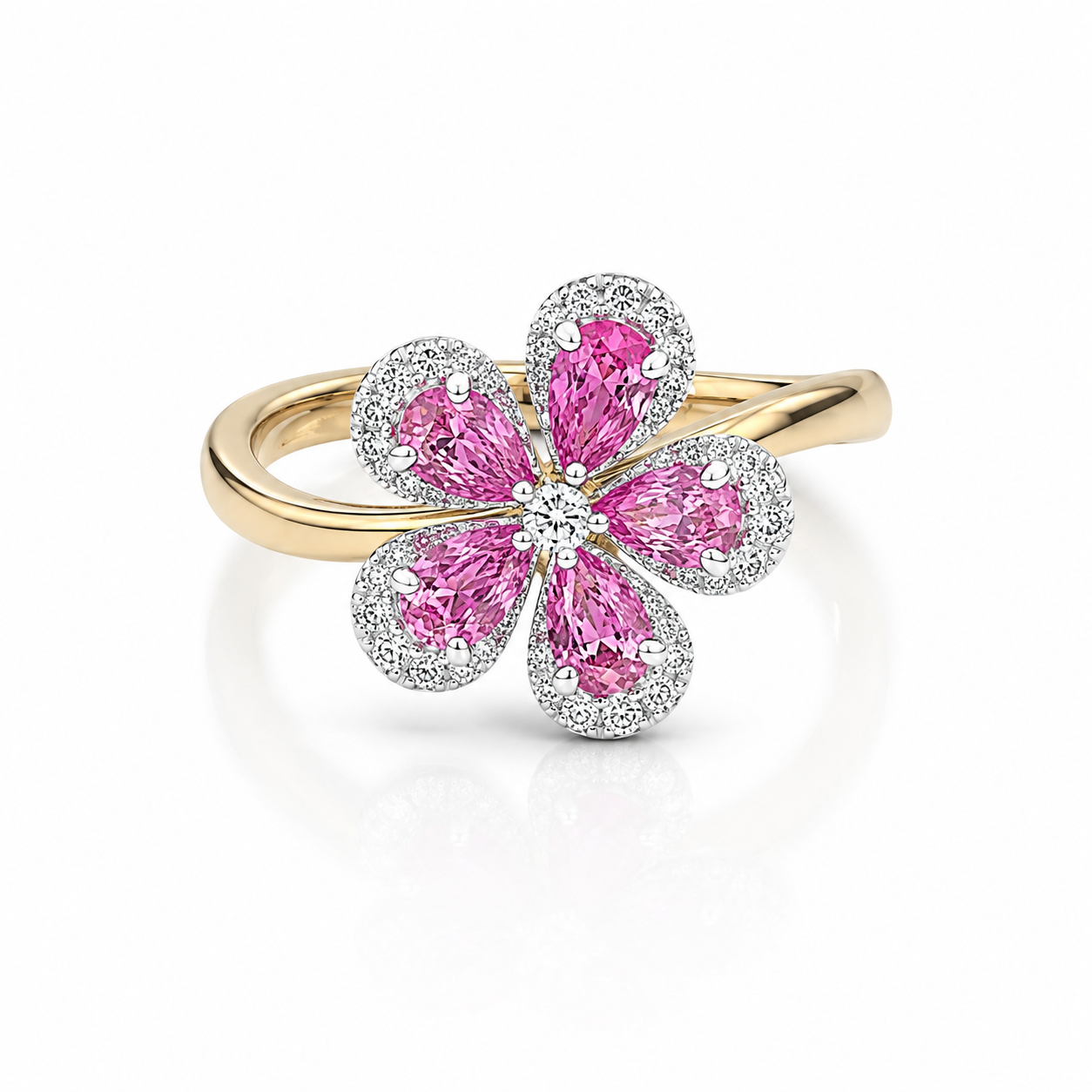 18K YELLOW GOLD PINK SAPPHIRE AMD DIAMOND FLOWER RING