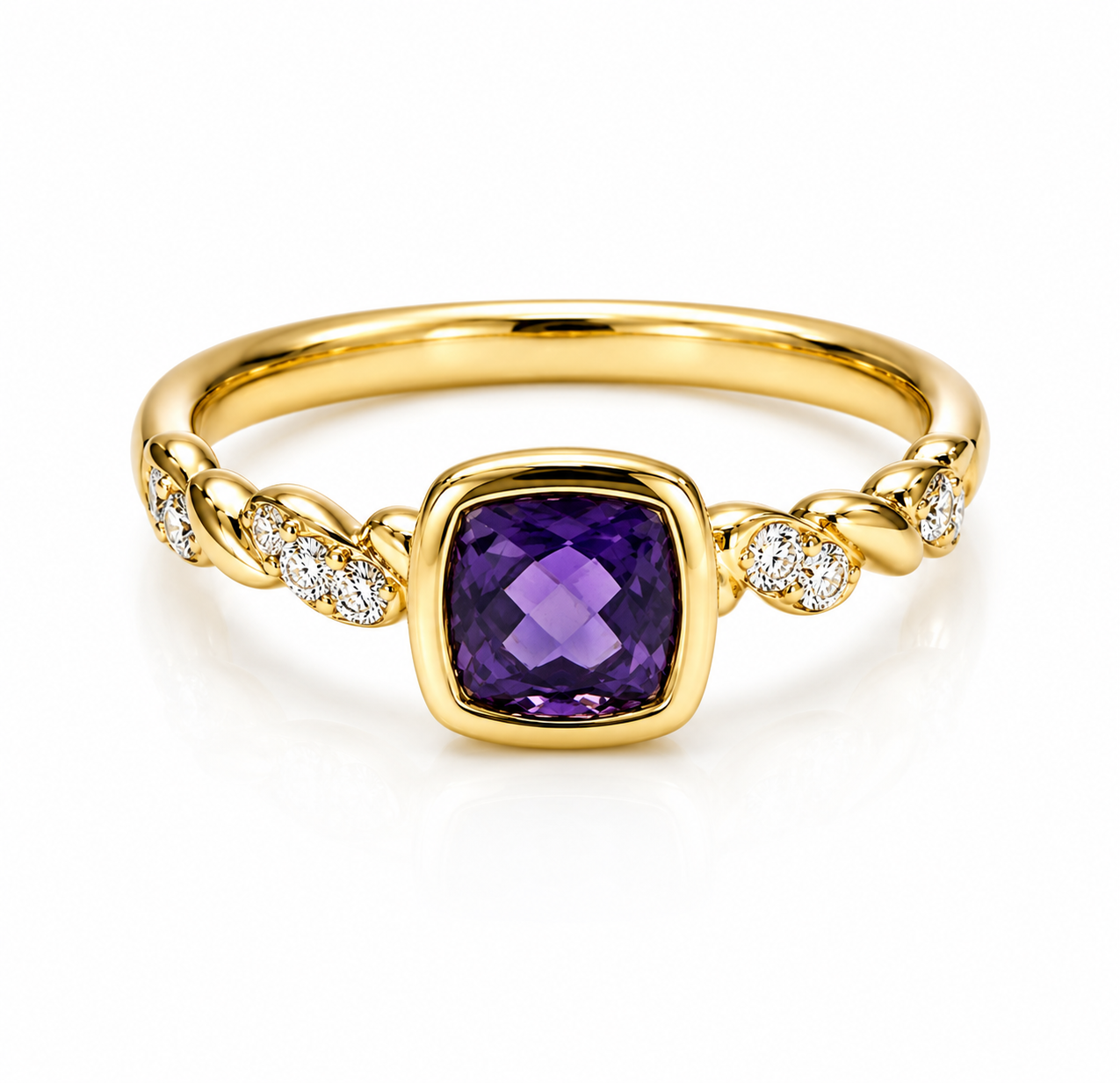 18K YELLOW GOLD DIAMOND ACCENTED AMETHYST BEZEL RING