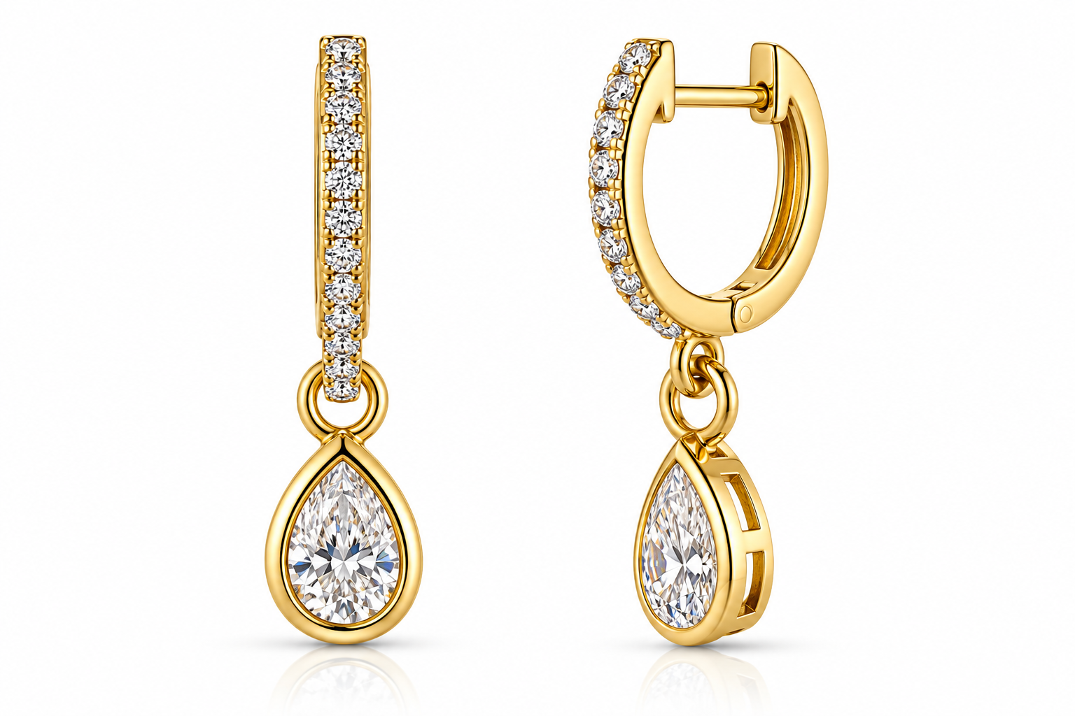 18K YELLOW GOLD 0.76CT PEAR SHAPE BEZELED DIAMOND HOOP DANGLE EARRINGS