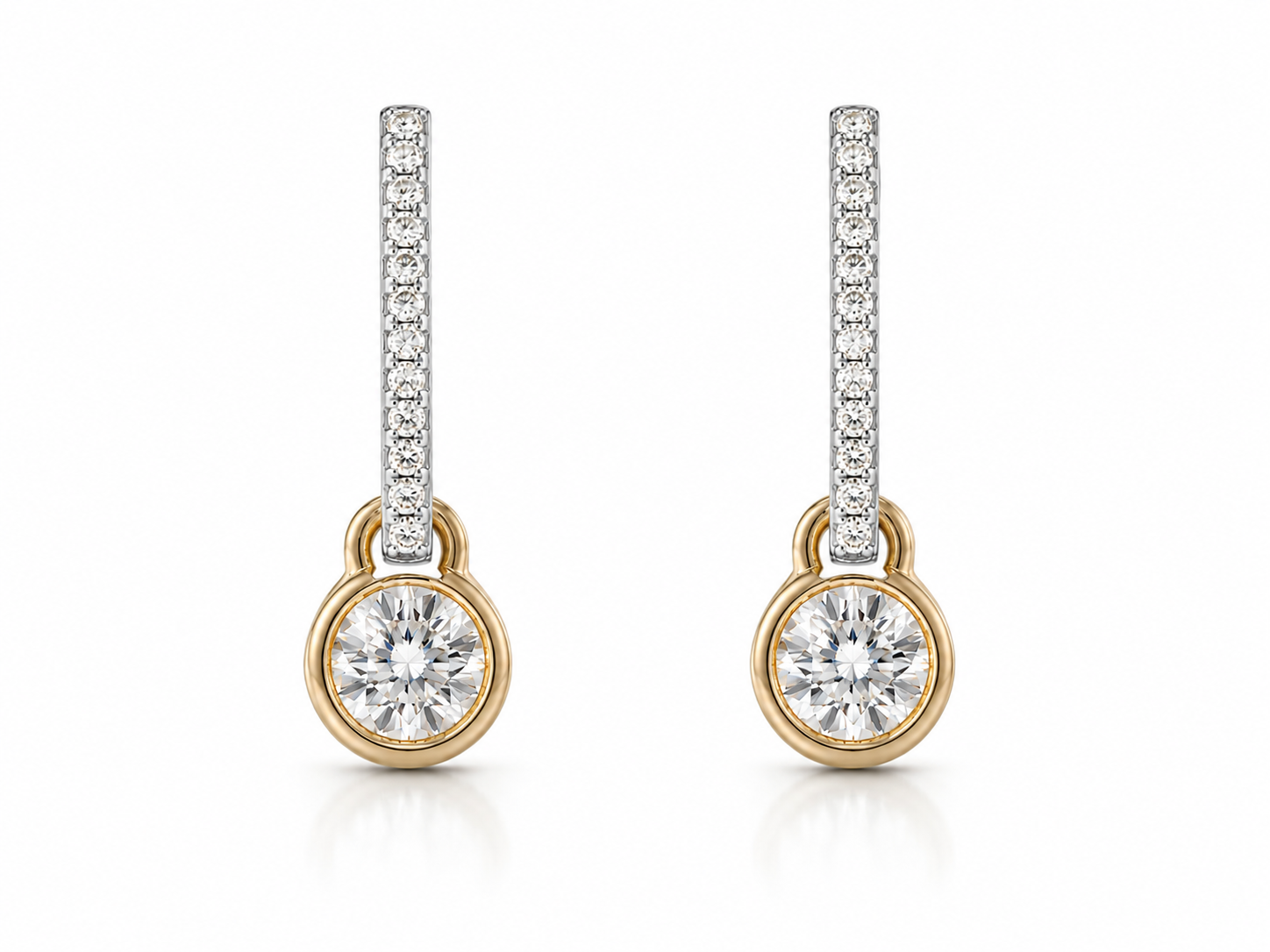 18K TWO TONE GOLD 0.85CTW BEZELED ROUND DIAMOND  HOOP DANGLES