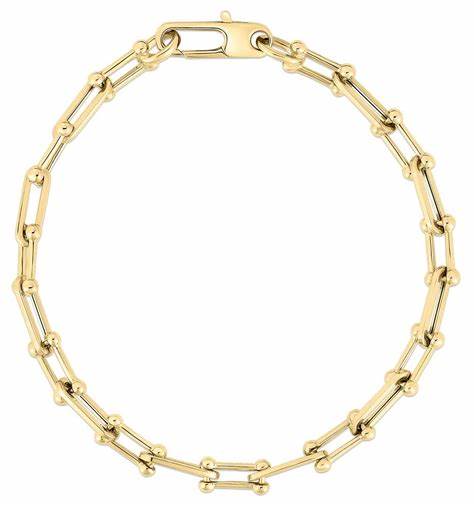 18K YELLOW DESIGNER GOLD ALTERNATING BEADED END & PAPERCLIP LINK BRACELET