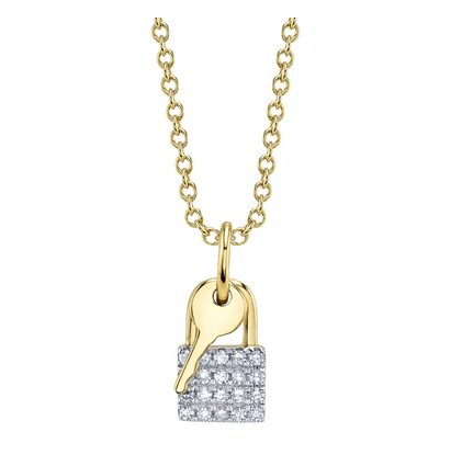 14K YELLOW AND WHITE GOLD DIAMOND LOCK AND KEY PENDANT NECKLACE